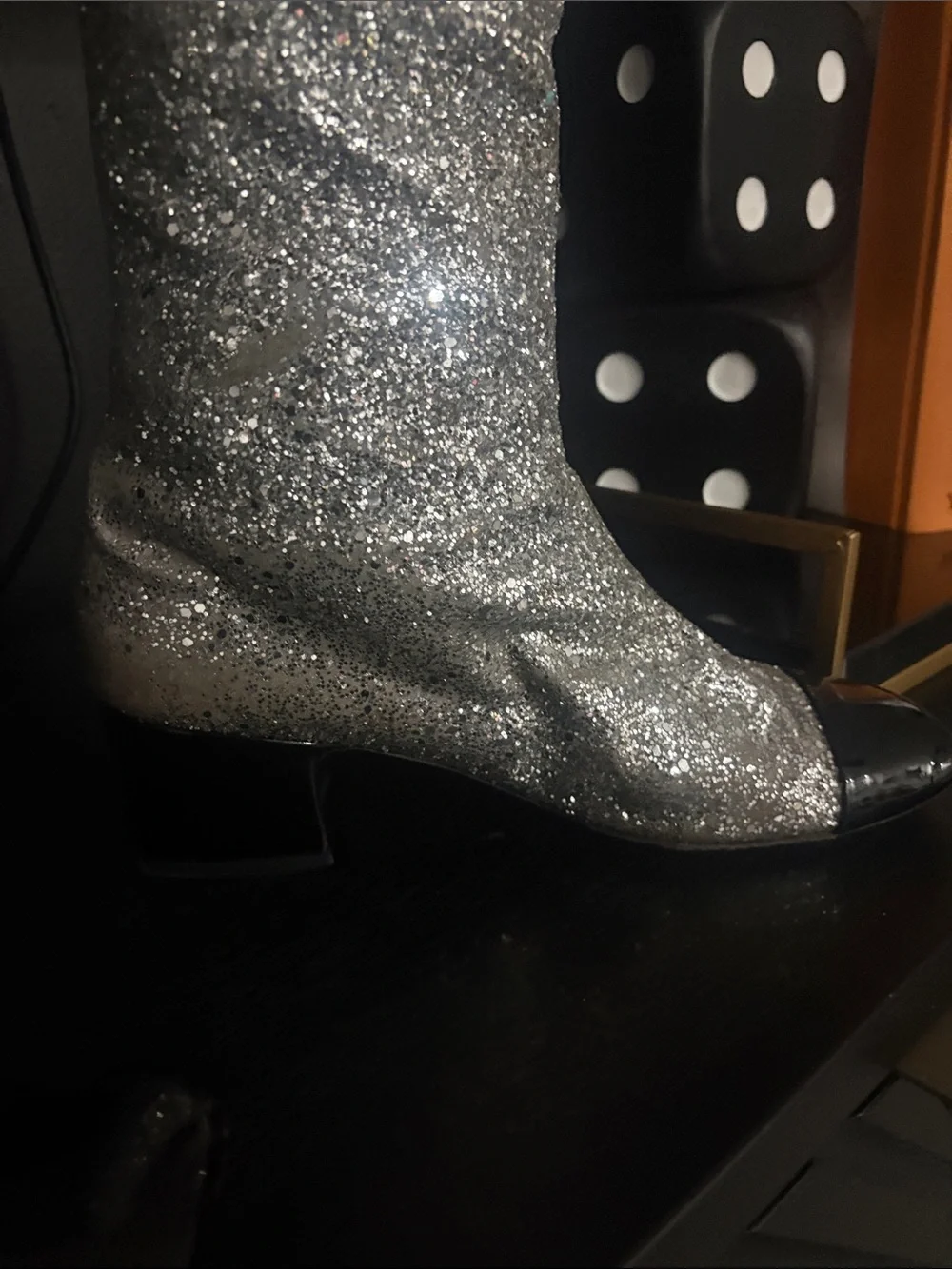 CHANEL AW 2017 Iconic Silver Glitter Black Patent Leather Boot